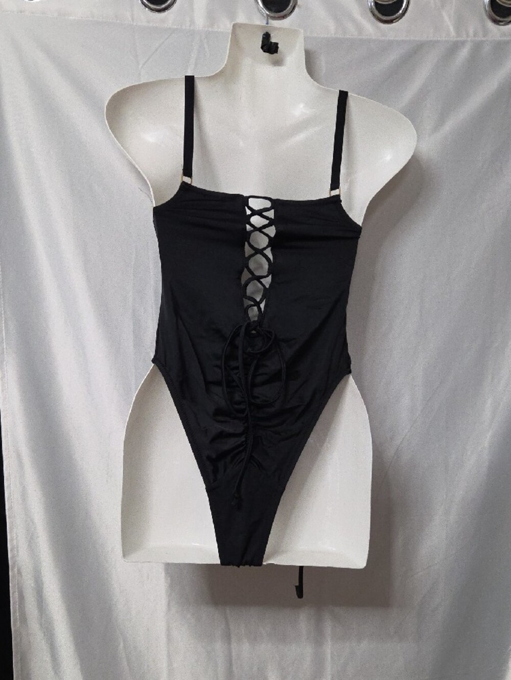 Black Adjustable Ruched One-Piece Swimsuit [1753] - Picture 3 of 6